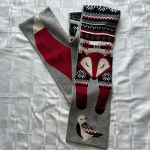 Yumi Gray Wool Fox & Bird Patterned Scarf